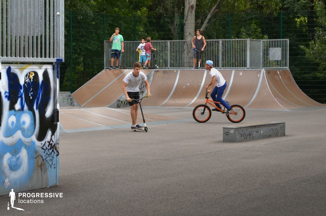 This active urban skatepark features a series of metal half-pipes and ramps, bordered by a tall green fence and surrounded by dense trees that provide a natural backdrop. The area is surfaced with smooth asphalt, incorporating various obstacles such as a grind box and graffiti-tagged walls that add to the edgy, youth-oriented atmosphere. The structures are composed of weathered brown metal and grey rails, offering a functional and visually gritty setting ideal for filming energetic, high-movement scenes. This space is particularly suitable for shoots centered on action sports, street culture, or dynamic social interactions among teens and young adults.