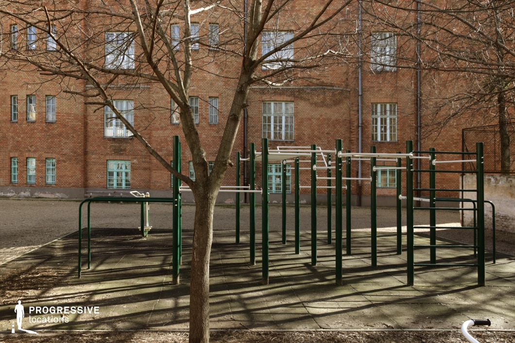 This compact outdoor calisthenics park is situated in a walled courtyard bordered by a classic red brick institutional building. The fitness area consists of durable, green-painted metal bars arranged for pull-ups, dips, and functional training exercises, all mounted over rubberized flooring. The surrounding architecture features tall, symmetrically aligned windows with metal grilles, pale blue-painted frames, and a minimal decorative approach, reinforcing the institutional character of the location. Bare tree branches and diffused natural light introduce a neutral, subdued ambiance, making this setting ideal for urban sports, school-based, or rehabilitation-themed visual narratives. The layout supports both wide and close-up shooting angles with clean lines and open visibility.