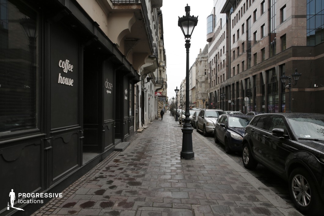 This image captures a European city street lined with a blend of historic and modern architecture. On one side, a row of traditional buildings features decorative facades, intricate cornices, and a black-painted coffee house with elegant lettering, evoking a vintage charm. Opposite, a contemporary office building with dark stone and glass surfaces adds a stark contrast. The cobblestone pavement, black wrought-iron lampposts, and parked cars along the narrow road enhance the urban character. This location is ideal for film noir, crime thrillers, or stylish commercial shoots, offering a sophisticated and slightly mysterious metropolitan setting.