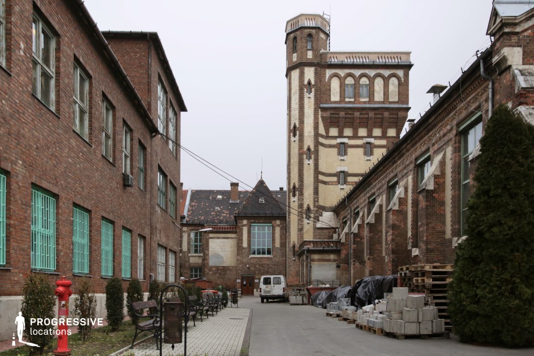 This industrial courtyard is enclosed by weathered brick buildings with metal-barred windows, leading towards an imposing historic tower with decorative brickwork and arched windows. The combination of industrial and institutional architecture creates a structured yet slightly decayed atmosphere. The contrasting styles, from the utilitarian factory-like structures to the ornate tower, evoke a sense of history and transformation. This location is well-suited for crime thrillers, post-apocalyptic settings, or historical dramas, offering a versatile backdrop for themes of secrecy, resilience, or urban decay.