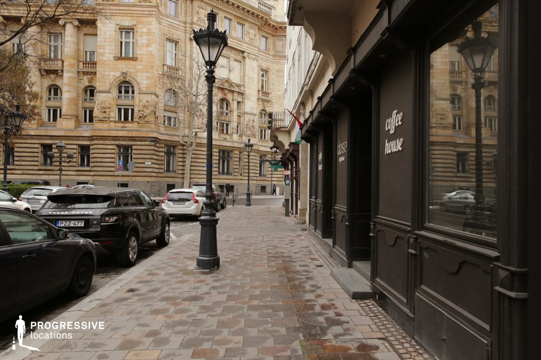 This image showcases a refined European city street, characterized by historic architecture and a sophisticated urban atmosphere. The foreground features a black-painted coffee house with large reflective windows, contrasting against the light-colored stone buildings opposite. The street is paved with a mix of cobblestone and rectangular stone slabs, leading towards a grand neoclassical-style building adorned with sculptural details, arched windows, and prominent columns. Decorative street lamps line the path, reinforcing the location’s old-world charm. This setting is ideal for period dramas, high-society intrigue, or stylish noir films, providing a distinguished and atmospheric European backdrop.