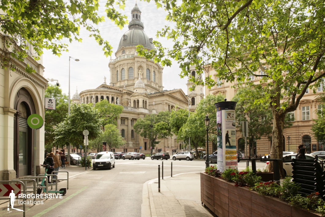 Tree-lined city street with a large domed historic building in the background, suitable for film and photography featuring classic urban architecture.