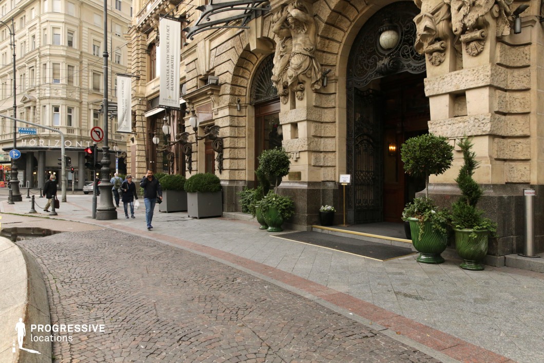 The image showcases an ornate hotel entrance set within a grand historic building, featuring intricate stonework, sculpted details, and a large wrought iron doorway. The facade blends classical and baroque elements, with decorative reliefs and imposing columns adding a sense of luxury and grandeur. The entrance is framed by well-manicured greenery in elegant planters, softening the stone textures. The adjacent cobblestone street curves gently, enhancing the old-world European aesthetic, while surrounding buildings display a mix of historic and refined architectural styles. This location is ideal for filming period dramas, high-society intrigue, or sophisticated urban sequences, offering a setting that exudes elegance and timeless charm.