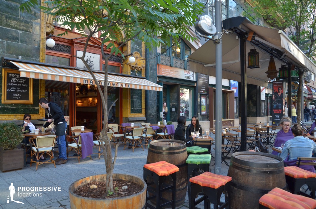 A lively outdoor café with an inviting European ambiance, featuring a mix of wooden tables, classic woven chairs, and repurposed barrel seating with colorful cushions. The façade of the café is adorned with rich architectural details, including ornate moldings, large windows, and a striped awning that enhances the warm, welcoming aesthetic. A canopy-covered seating area extends along the pedestrian street, creating a cozy yet bustling setting. The blend of vintage and modern design elements makes this location ideal for filming café or street-side conversations, romantic encounters, and social interactions in genres such as drama, romance, and slice-of-life narratives.
