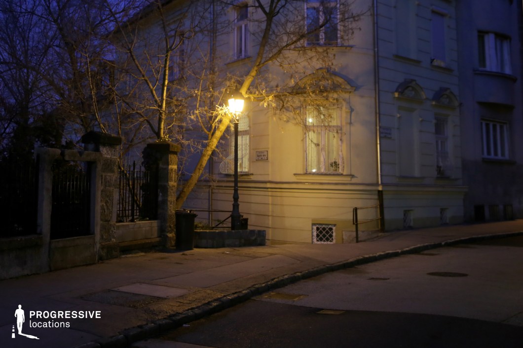 This image captures a dimly lit street corner at night, where a vintage-style streetlamp casts a warm glow onto the pale facade of an old residential building. The building's architecture features classic details such as arched window moldings and decorative ironwork on the windows, adding to the historic charm. A black wrought-iron fence and a partially open stone gate suggest an entrance to a garden or courtyard, while leafless branches create an eerie silhouette against the deep blue night sky. The uneven sidewalk and worn pavement add to the aged, moody character of the setting. This location is ideal for filming noir thrillers, psychological dramas, or mystery scenes, providing a cinematic contrast between light and shadow that enhances suspenseful storytelling.