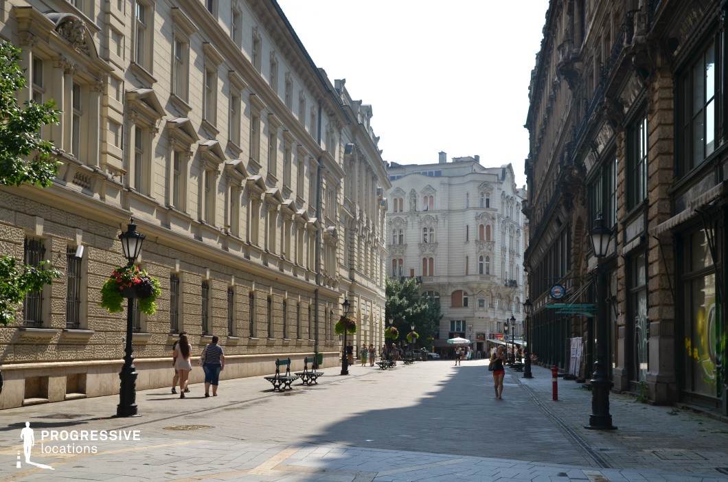 The image showcases a picturesque pedestrian street lined with grand historic buildings exhibiting intricate classical and baroque architectural details. The light-colored facades contrast with darker, ornate structures, creating a visually rich streetscape. Decorative lampposts adorned with hanging flower arrangements enhance the European charm, while benches and storefronts contribute to the welcoming atmosphere. The perspective leads toward a striking corner building with an elaborate facade, adding depth and elegance to the scene. This location is ideal for filming period dramas, romantic narratives, or sophisticated urban sequences, offering a refined and timeless European setting.