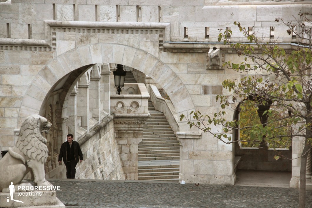 A majestic stone stairway winds through a historic architectural setting, framed by elegant arches, ornate balustrades, and sculpted details. The light-colored stonework creates a striking contrast with the dark iron lanterns suspended beneath the arches, adding depth and a sense of timeless grandeur. A carved lion statue guards the entrance, reinforcing the regal atmosphere, while the cobblestone pavement enhances the historical aesthetic. This location is ideal for filming period dramas, historical epics, or fantasy narratives, providing a cinematic backdrop for royal, medieval, or mysterious urban settings.