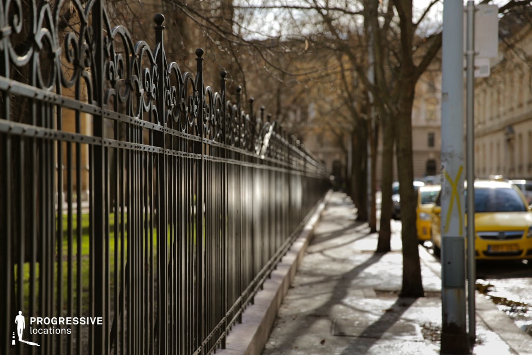 A long, intricately designed wrought-iron fence runs parallel to a tree-lined sidewalk, creating a sense of depth and leading the eye into the distance. The repeating patterns of the metalwork contrast with the softer organic forms of the bare trees, while the dappled light casts dynamic shadows on the pavement. The historic urban setting is accentuated by classic architecture in the background, subtly blending elegance with everyday city life. This location is ideal for filming dramatic or mysterious urban scenes, offering a visually compelling backdrop for period films, noir thrillers, or introspective character moments.