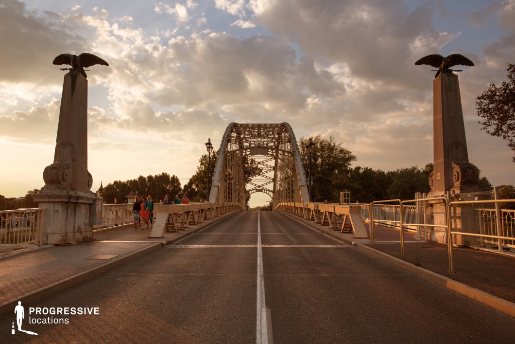 This image showcases a grand metal arch bridge framed by two imposing stone pillars, each adorned with an eagle sculpture. The symmetrical structure is reinforced by intricate steel latticework, adding a historic and industrial aesthetic. The roadway is lined with decorative railings and lampposts, guiding the viewer’s eye towards the vanishing point in the distance. The surrounding trees and soft lighting enhance the bridge’s classical yet functional design. This location is ideal for period dramas, historical narratives, or dramatic scenes requiring a monumental crossing that conveys significance, transition, or symbolic weight.