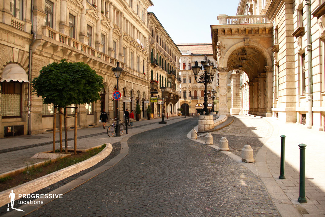 This gracefully curving cobblestone street is lined with ornate 19th-century buildings featuring intricate stonework, arched windows, and decorative balconies. The architectural grandeur is complemented by a stately covered arcade with sculpted details, adding a sense of refinement and European elegance. Classic wrought-iron street lamps and neatly arranged bollards enhance the historic charm, while small trees and planters bring a touch of greenery to the urban setting. This location is ideal for period dramas, sophisticated romance films, or historical narratives, offering a timeless backdrop reminiscent of Parisian or Viennese boulevards.