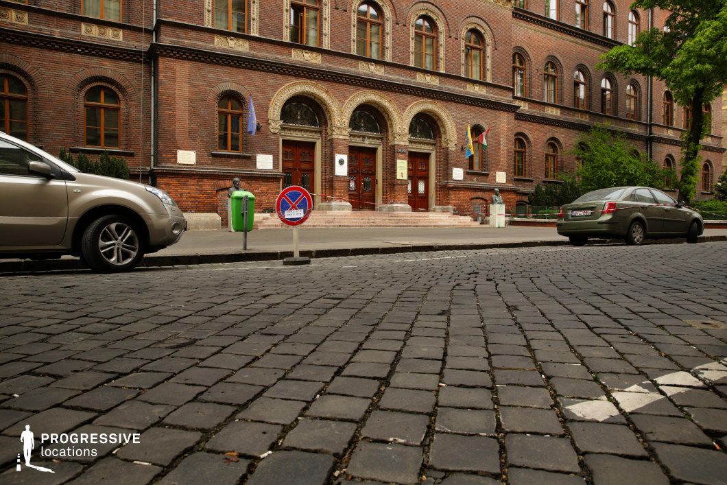 This cobblestone-paved street leads to an ornate, historic brick building with arched windows and richly decorated entrances, featuring carved stone details above the wooden double doors. The red-brick façade, accented with lighter stone elements, gives the structure a stately, institutional appearance. The perspective from the low-angle emphasizes the texture of the unevenly worn cobblestones, adding an old-world charm to the setting. The combination of historic architecture and European street aesthetics makes this location ideal for period dramas, academic or legal settings, and historical reconstructions, evoking a sense of tradition and prestige.