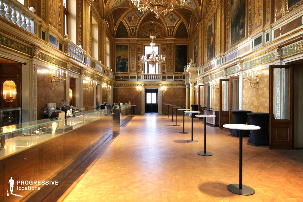 This lavish hall features intricate Baroque and Renaissance-style detailing, with high vaulted ceilings adorned with elaborate frescoes and gold embellishments. The grand chandeliers and wall sconces cast a warm glow over the polished parquet flooring, highlighting the room’s regal ambiance. Richly decorated walls, adorned with framed paintings and ornamental moldings, add to the historical grandeur. A long glass bar counter runs along one side, contrasting with the classical decor, while high cocktail tables are arranged throughout, suggesting a refined reception or event space. This location is ideal for filming formal gatherings, aristocratic banquets, or period dramas, offering a visually striking setting for scenes of wealth, power, and prestige.