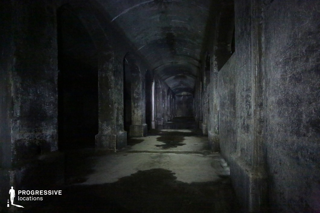 This vast, cavernous corridor is lined with towering stone columns supporting a series of heavy, arched ceilings, creating a rhythmic, almost cathedral-like architectural pattern. The damp, worn surfaces of the walls and floor glisten under the dim, scattered lighting, enhancing the eerie, abandoned atmosphere. Pools of water reflect the sparse light, adding depth and an unsettling, decayed feel to the space. The vanishing point in the distance disappears into shadow, contributing to the sense of mystery and foreboding. This location is ideal for horror, thriller, or dystopian films, providing a haunting, subterranean backdrop for tension-filled and suspenseful storytelling.