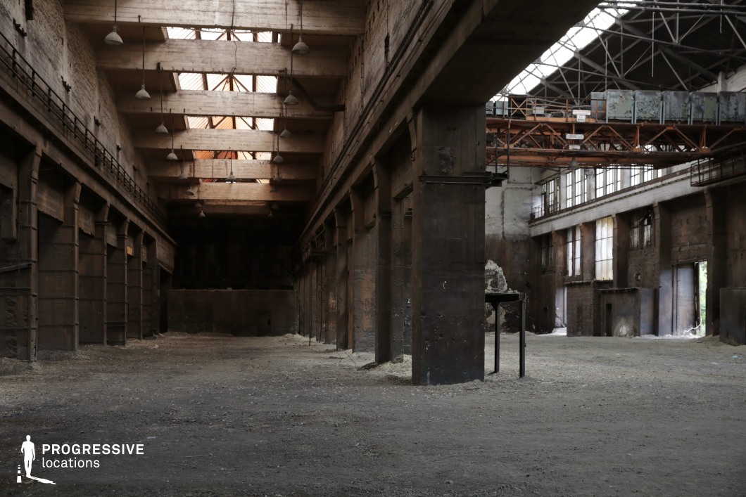 This expansive abandoned industrial hall features towering concrete pillars, rusted steel framework, and large skylights that allow natural light to filter through the aged and dust-covered space. The high ceiling is lined with exposed beams and hanging industrial lamps, reinforcing the structure’s utilitarian past. The walls are worn, with remnants of machinery and corroded metal walkways hinting at its former function. The textured ground, scattered debris, and rusted crane system add to the hall’s raw and desolate atmosphere. This location is ideal for filming post-apocalyptic, crime, or action sequences, offering a gritty and immersive industrial setting perfect for intense or suspenseful storytelling.