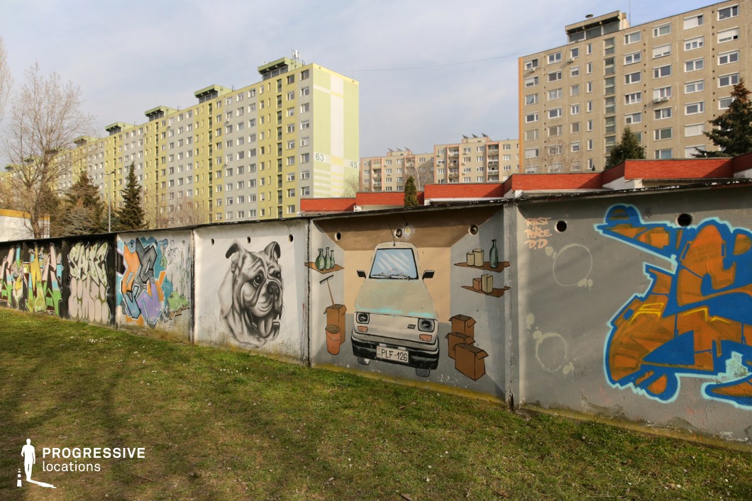 This urban scene features a row of weathered concrete garages adorned with vibrant graffiti, set against a backdrop of large, uniform apartment buildings in muted pastel tones. The graffiti showcases a mix of artistic styles, including a photorealistic bulldog, a stylized small car in a cluttered garage setting, and abstract lettering in bold colors. The juxtaposition of the rigid, repetitive architecture of the housing blocks and the expressive street art creates a striking contrast between conformity and individuality. This setting is ideal for films exploring themes of urban youth culture, rebellion, and underground movements, making it particularly well-suited for social dramas, crime films, and coming-of-age stories in a post-socialist or working-class environment.