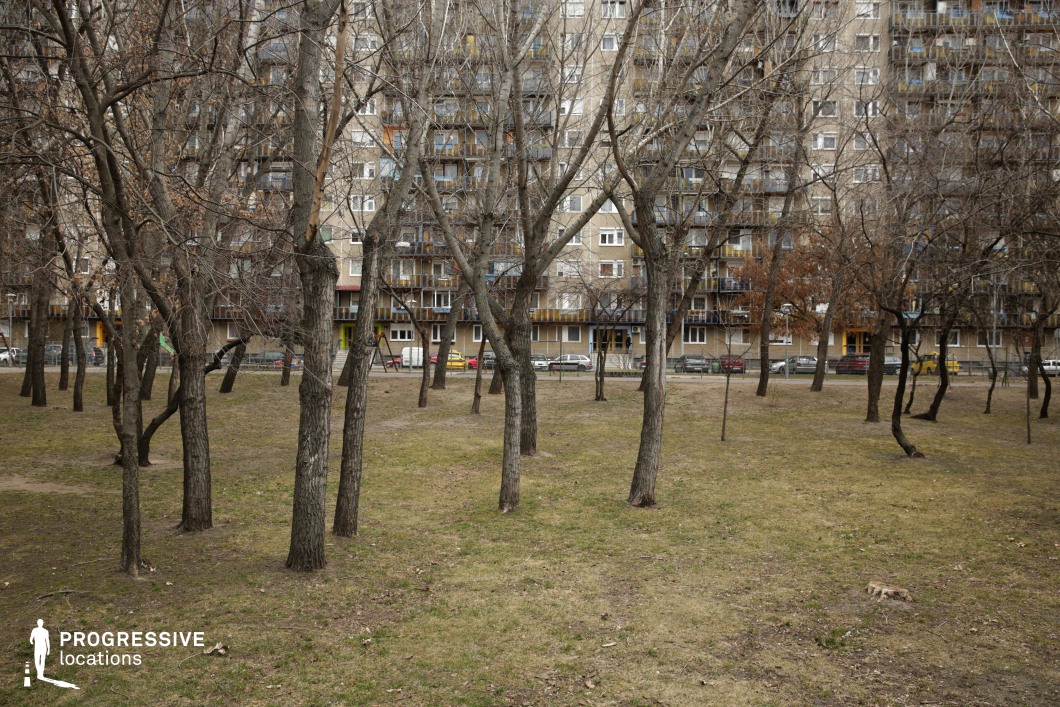 This open park area is framed by towering concrete apartment blocks, their repetitive facades and uniform balconies creating a stark, imposing presence. The scattered trees with bare branches allow an unobstructed view of the residential buildings, emphasizing the contrast between natural elements and rigid urban planning. The ground is a mix of grass and exposed earth, contributing to an atmosphere of neglect or transience. The setting lends itself well to themes of isolation, urban decay, or introspection, making it ideal for social dramas, dystopian films, or psychological thrillers exploring themes of alienation in city life.