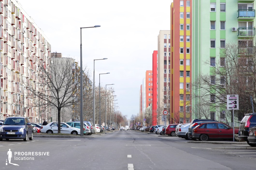 This urban scene features a long, straight street flanked by tall, colorful panel housing blocks in shades of green, red, yellow, and beige. The symmetrical composition is reinforced by evenly spaced streetlights and rows of parked cars, creating a structured and orderly atmosphere. The repetitive architecture, characteristic of large-scale post-socialist housing developments, emphasizes density and uniformity, while the vibrant facades add a modernized touch to the otherwise functionalist design. The depth of perspective and linear arrangement make this location ideal for dynamic tracking shots, car chases, or introspective walking sequences in films. Suitable genres include social realism, urban dramas, and crime thrillers, particularly those exploring themes of city life, economic transition, or generational change.