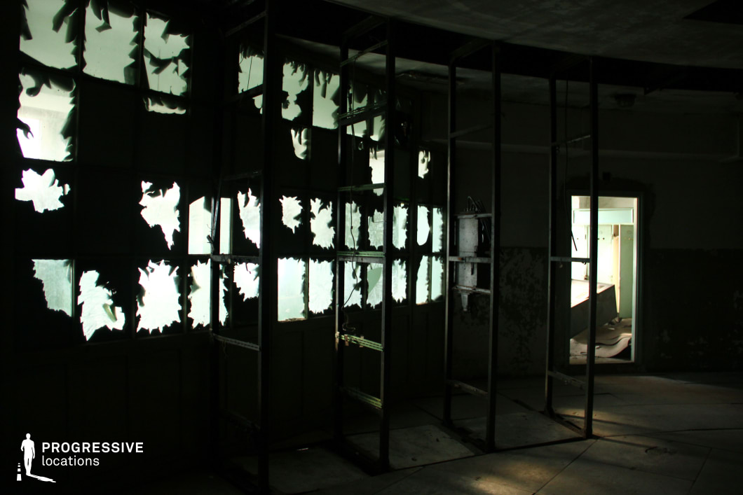 This abandoned industrial space features shattered glass panes set within a skeletal metal framework, allowing fragmented light to filter into the dark interior. The peeling paint on the walls and exposed structural elements create a strong sense of neglect and decay. A doorway in the background leads to a dimly lit adjacent room, adding depth and an eerie visual contrast. The space’s deteriorated state, combined with its interplay of light and shadow, makes it an ideal setting for horror, psychological thrillers, or post-apocalyptic films, enhancing tension and an atmosphere of unease.
