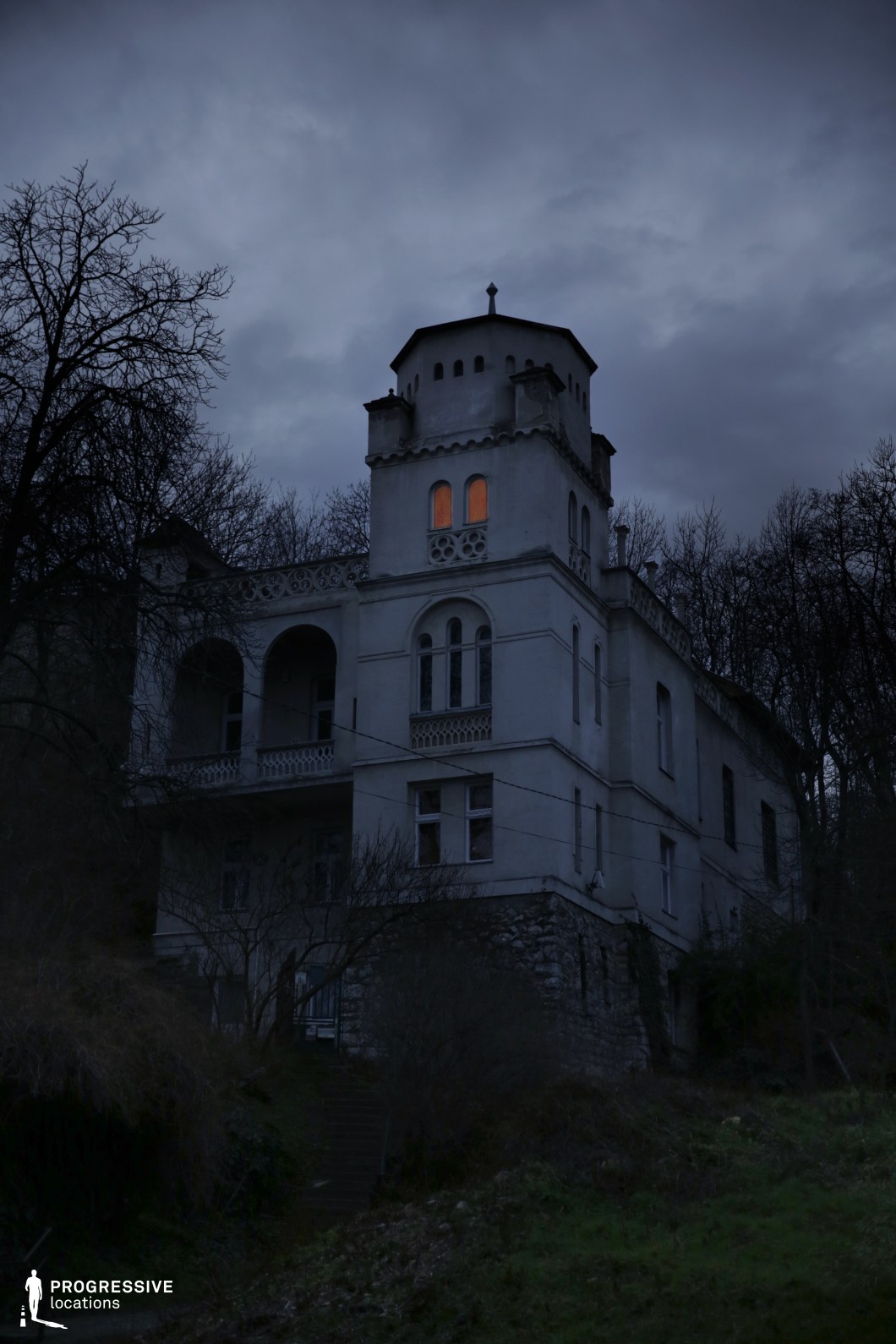 This image showcases a grand yet decayed mansion with a distinct tower, perched on a hillside and partially obscured by overgrown vegetation. The building’s white facade, featuring arched windows, intricate balcony railings, and a stone foundation, contrasts against the surrounding barren trees. The illuminated upper window serves as an eerie focal point, hinting at an enigmatic presence within the otherwise abandoned structure. The steep, overgrown pathway leading up to the entrance enhances the sense of isolation. This location is ideal for horror, gothic, or psychological thriller films, perfectly suited for haunted house narratives, mysterious disappearances, or supernatural suspense.