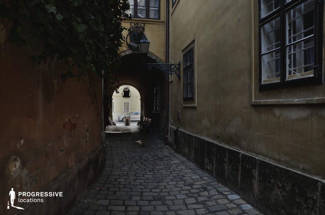 This historic alleyway is defined by its aged, textured walls and uneven cobblestone pavement, leading through a narrow passage beneath a weathered stone archway. The buildings flanking the alley exhibit a classic European architectural style, with peeling plaster, wrought iron window frames, and a hanging lantern that adds a period charm. The passageway opens up to a brighter courtyard, offering a striking contrast between shadowed enclosure and open space. The depth of the alley, combined with its rustic textures and dim lighting, makes it an ideal location for atmospheric period dramas, noir-inspired thrillers, or suspenseful chase scenes, lending itself well to stories set in historical or mysterious urban settings.