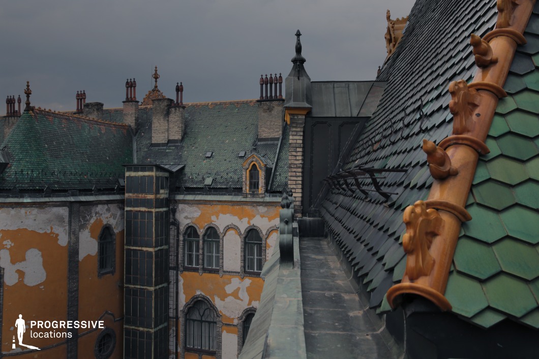 The image showcases an elaborate rooftop adorned with green ceramic tiles, featuring intricate wooden ridge decorations and ornamental finials. The steeply pitched roof, detailed with metalwork and chimneys, belongs to a historic building with a visibly aged ochre-colored facade, where peeling plaster reveals the underlying brickwork. Gothic-style arched windows with decorative stone framing add to the grandeur of the structure. The architectural contrast between the richly decorated roof and the weathered walls enhances the visual drama. This location is well-suited for historical dramas, gothic horror, or period-piece productions, offering an atmospheric setting for mysterious or eerie rooftop sequences.