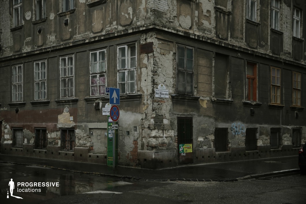 This image captures the intersection of two narrow streets, dominated by a crumbling historic tenement building with peeling plaster, exposed brick, and broken windows. The structure’s faded paint, boarded-up entrances, and rusted metal bars over the lower windows contribute to its abandoned, forgotten atmosphere. The wet pavement enhances the reflections and textures, adding to the overall gritty, urban aesthetic. The setting exudes a raw realism, making it an ideal backdrop for crime dramas, neo-noir thrillers, or post-apocalyptic narratives. The stark contrast between the once-elegant architectural details and its present state of decay reinforces themes of urban decline, secrecy, or hidden pasts.