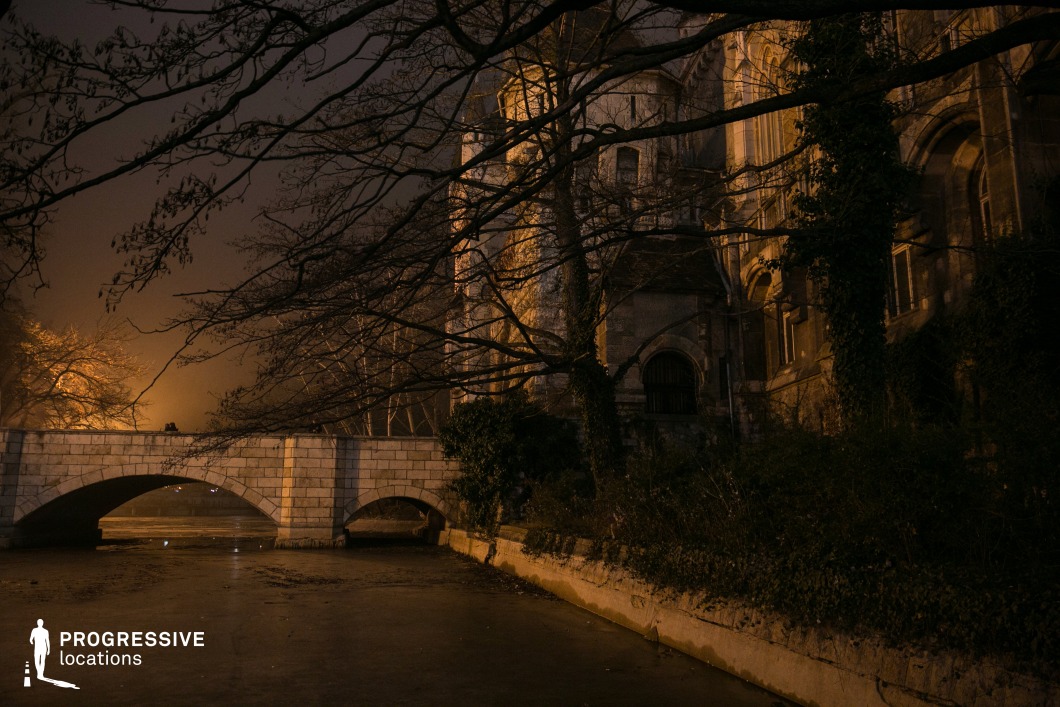 This image showcases a grand, ivy-covered castle with towering stone walls and arched windows, partially obscured by the twisted branches of leafless trees. A sturdy stone bridge with elegant arches spans a dark, still waterway, reinforcing the location's historic and eerie ambiance. The interplay of warm artificial lighting against the cool shadows of the structure enhances the scene’s dramatic tension. The overgrown vegetation and aged facade contribute to an atmosphere of mystery and quiet desolation. This setting is ideal for gothic horror, fantasy epics, or supernatural thrillers, serving as a haunting backdrop for clandestine meetings, eerie discoveries, or moments of suspenseful solitude.