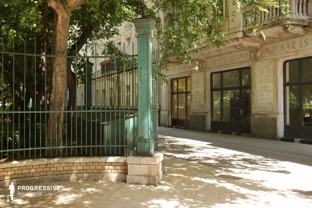 Green metal fence at park entrance, ideal location for photography and filming combining natural elements with urban architecture