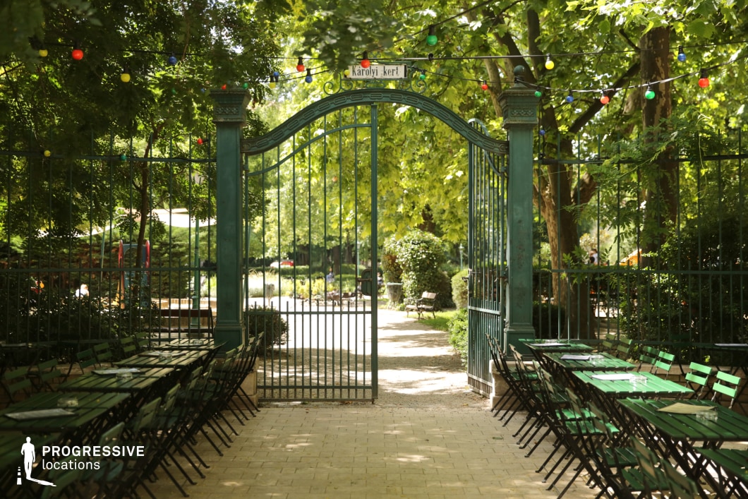 Decorative iron gate opening to garden space, ideal location for photography and filming with structured greenery