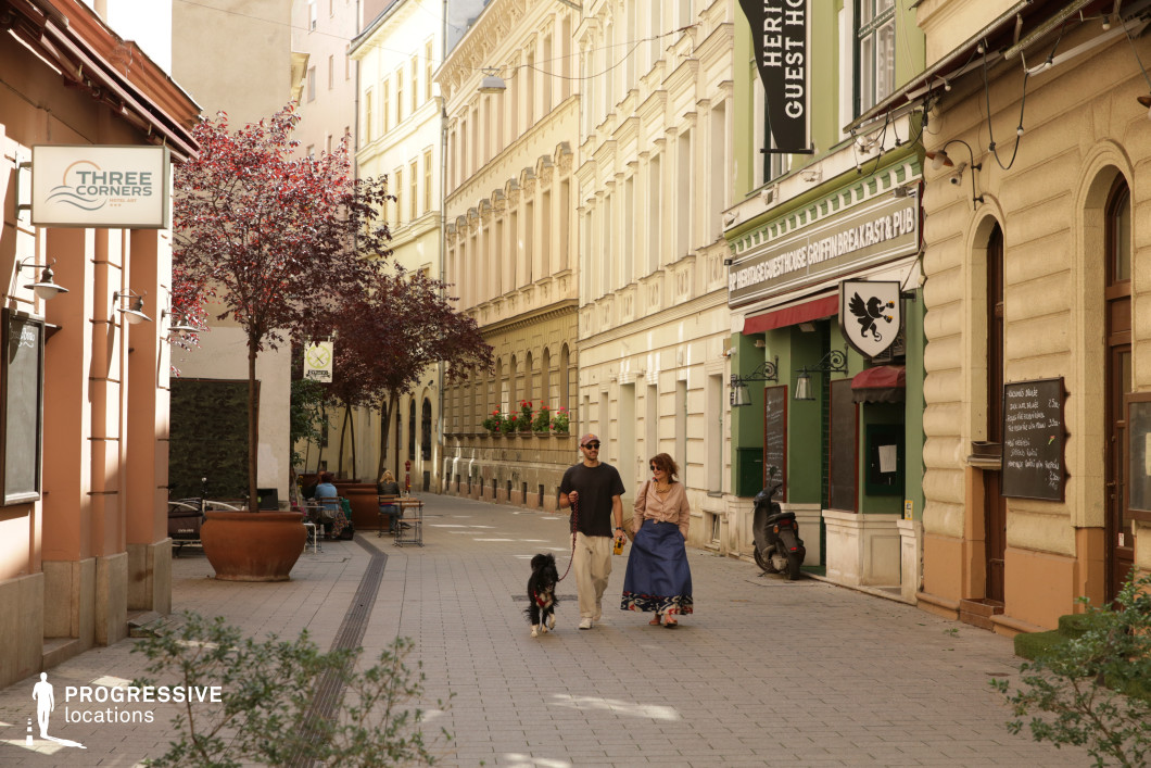Pedestrian street with historic facades and storefronts, an ideal location for photography and filming with clear linear depth