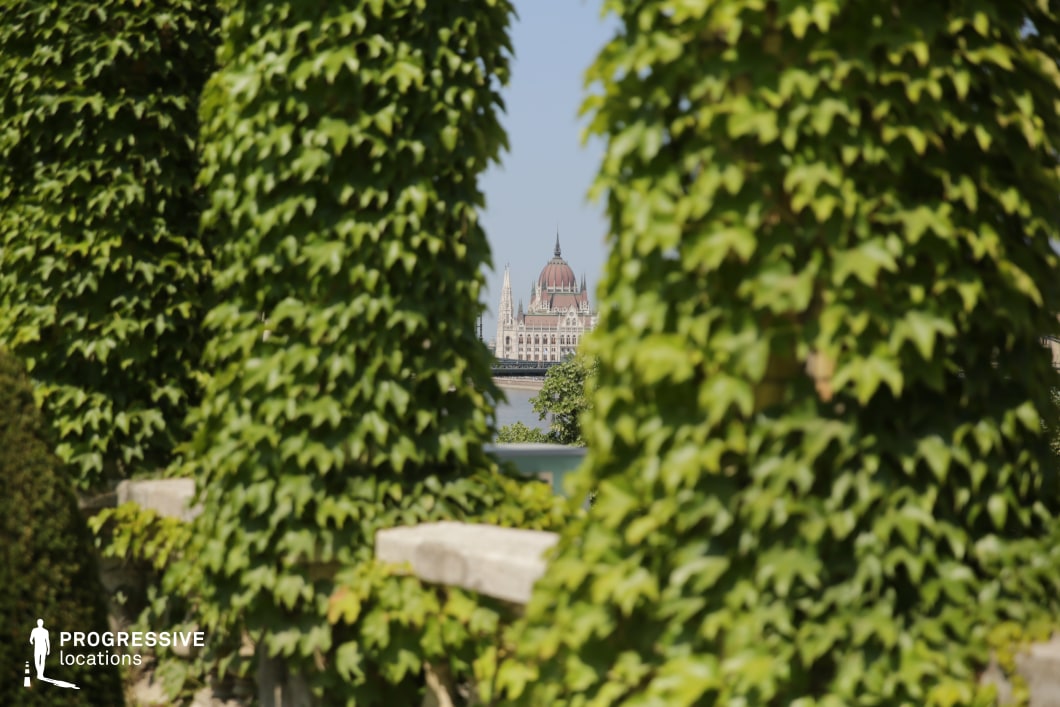 Ivy-covered columns frame distant architecture as an ideal location for photography and filming with layered depth