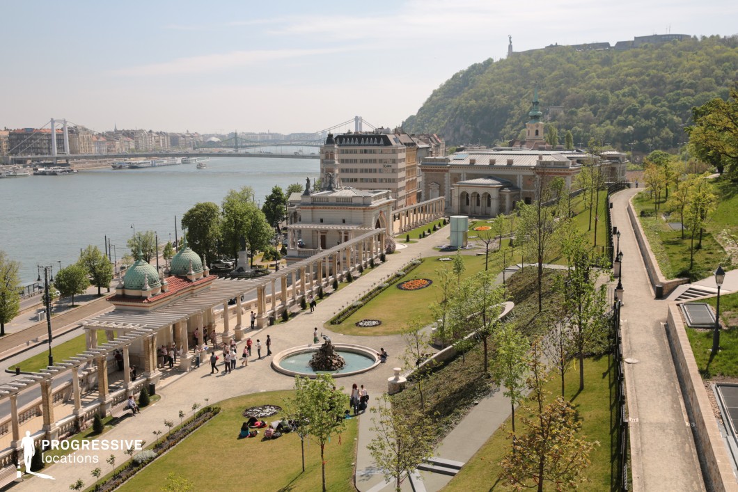 Neoclassical riverside garden with colonnade and fountain as a film and photography location with structured terraces