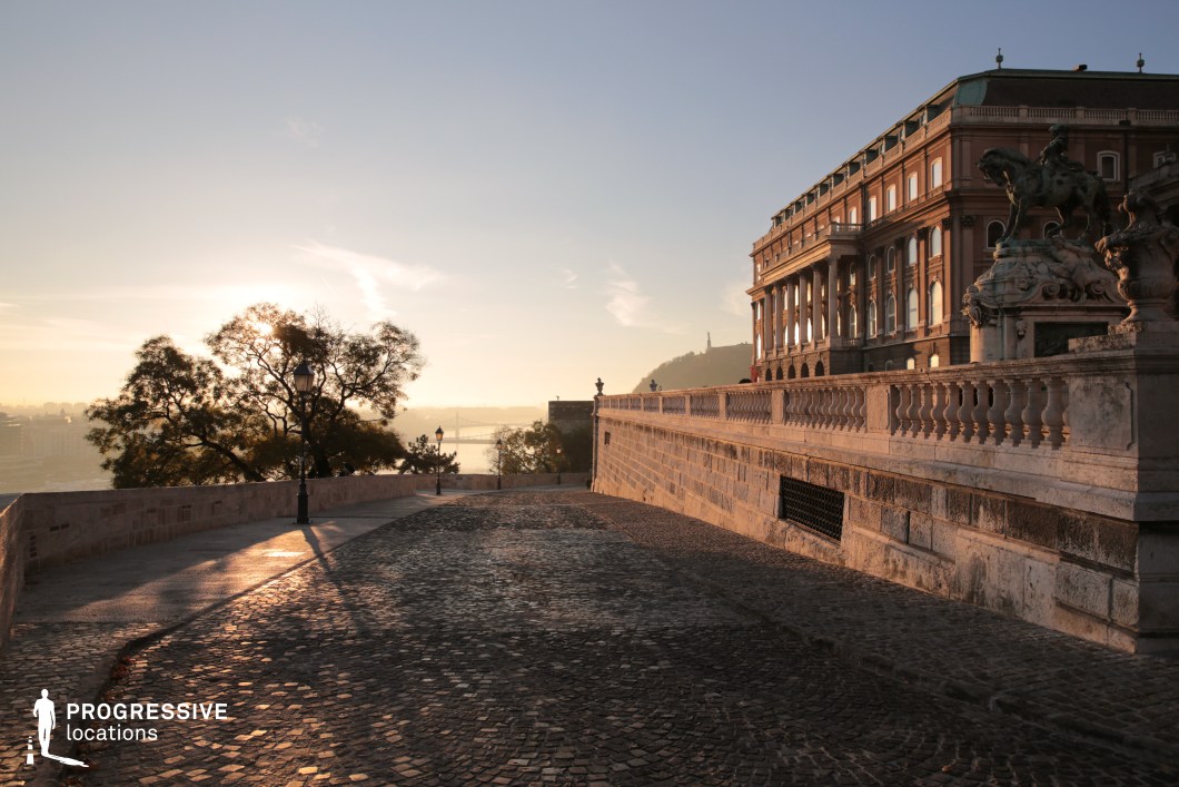 Wide cobblestone road beside a historic palace, a film and photography location with strong perspective and architectural detail