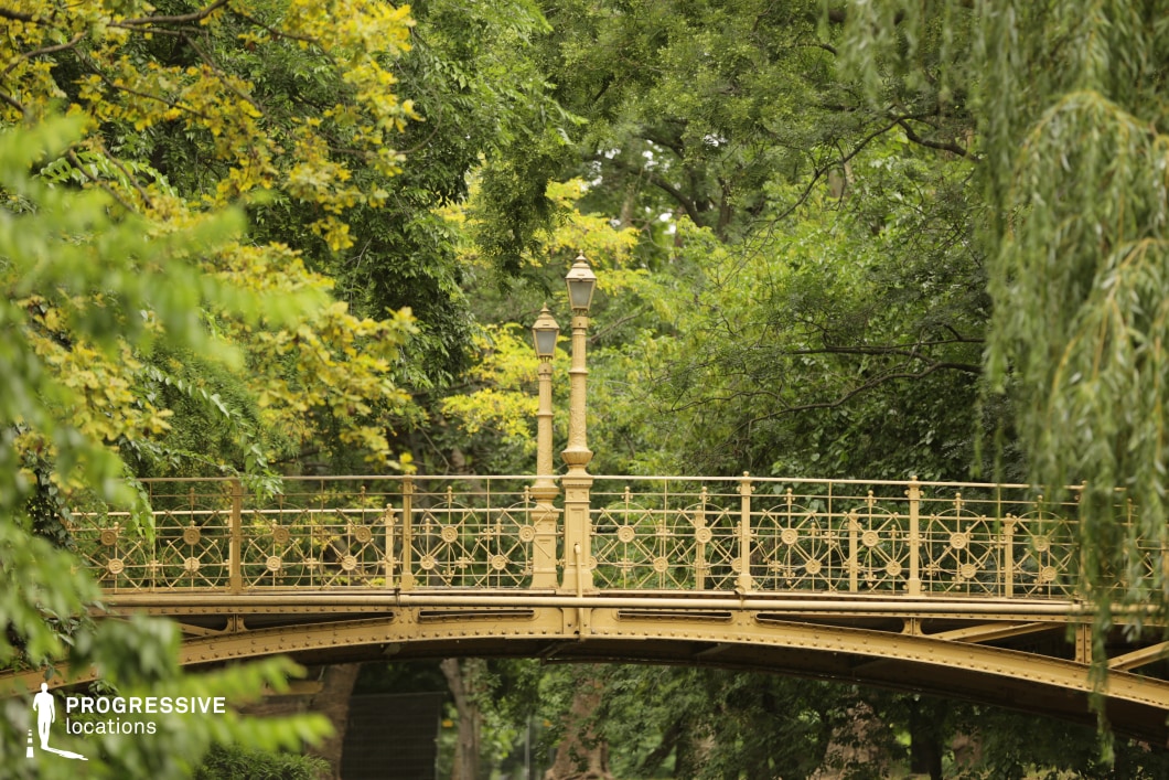 rnate iron bridge with decorative railings and lamps, photography and film location surrounded by dense greenery