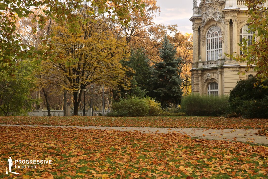 Open park with palace facade and trees, film and photography location featuring wide lawn and detailed historic building