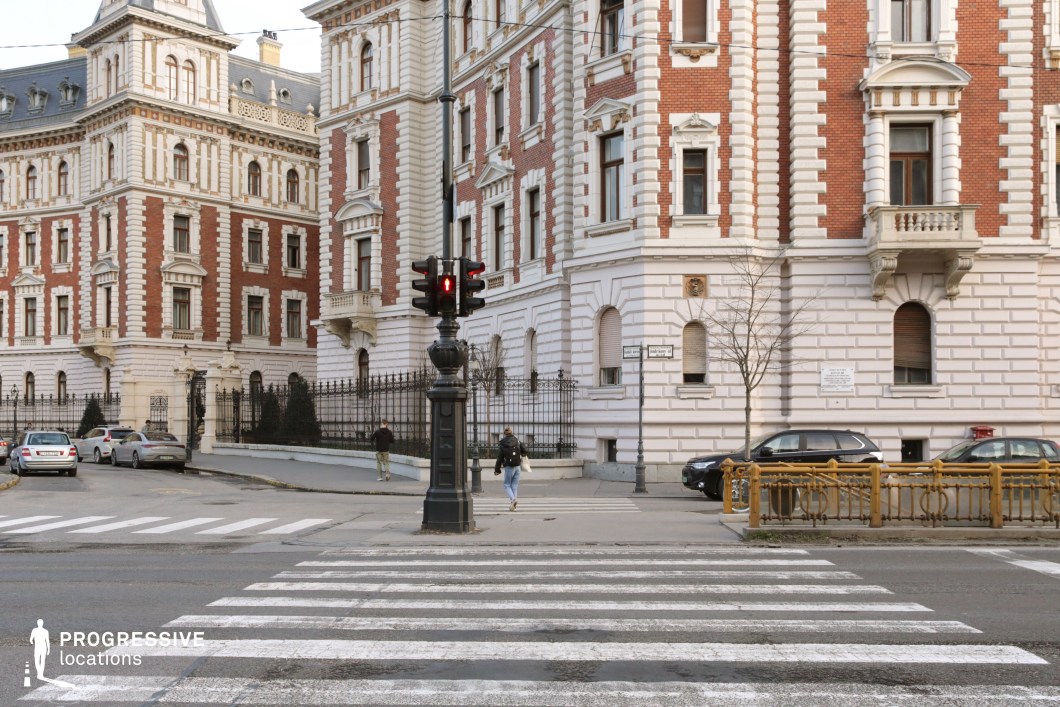 Historic buildings and crosswalk with central traffic light create a structured film and photography location in an urban setting