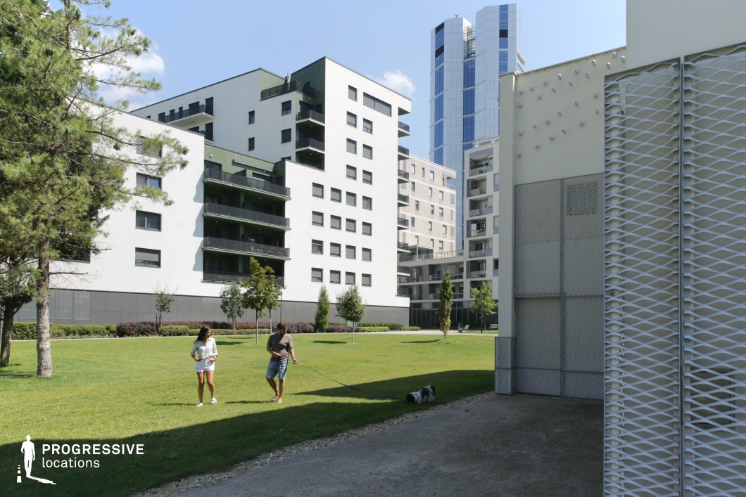 Residential courtyard with lawn and modern buildings, film and photography location with balanced architecture and greenery