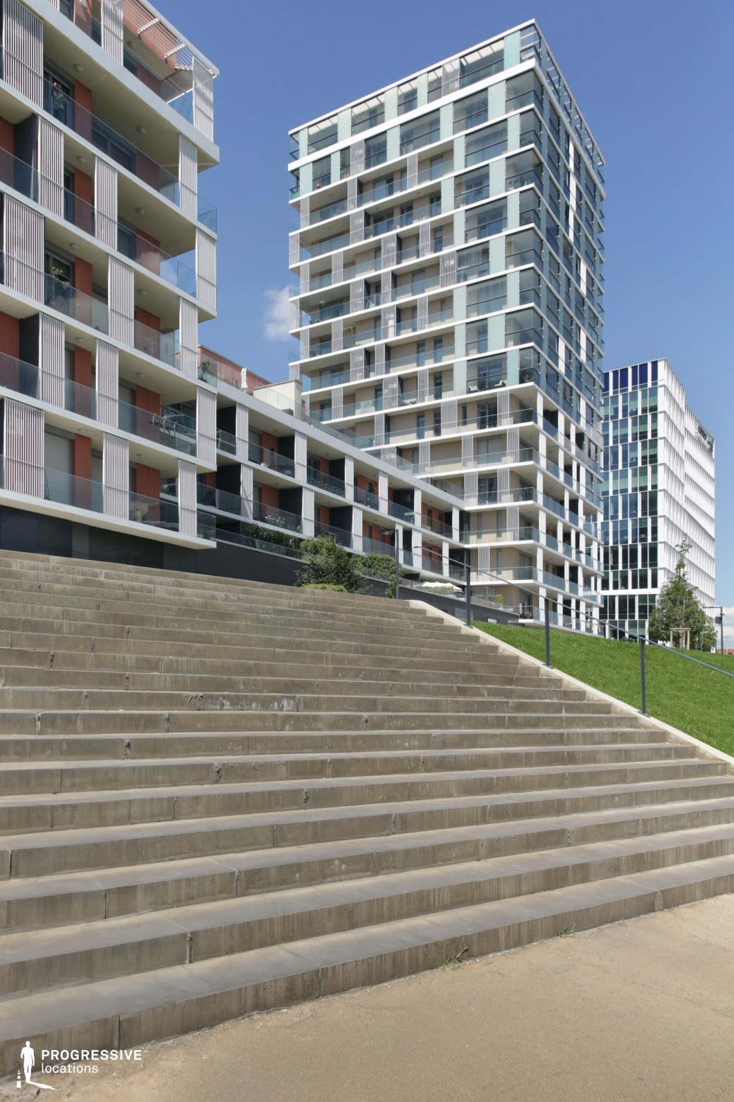 Modern residential steps and buildings, ideal location for photography and filming with strong geometric lines