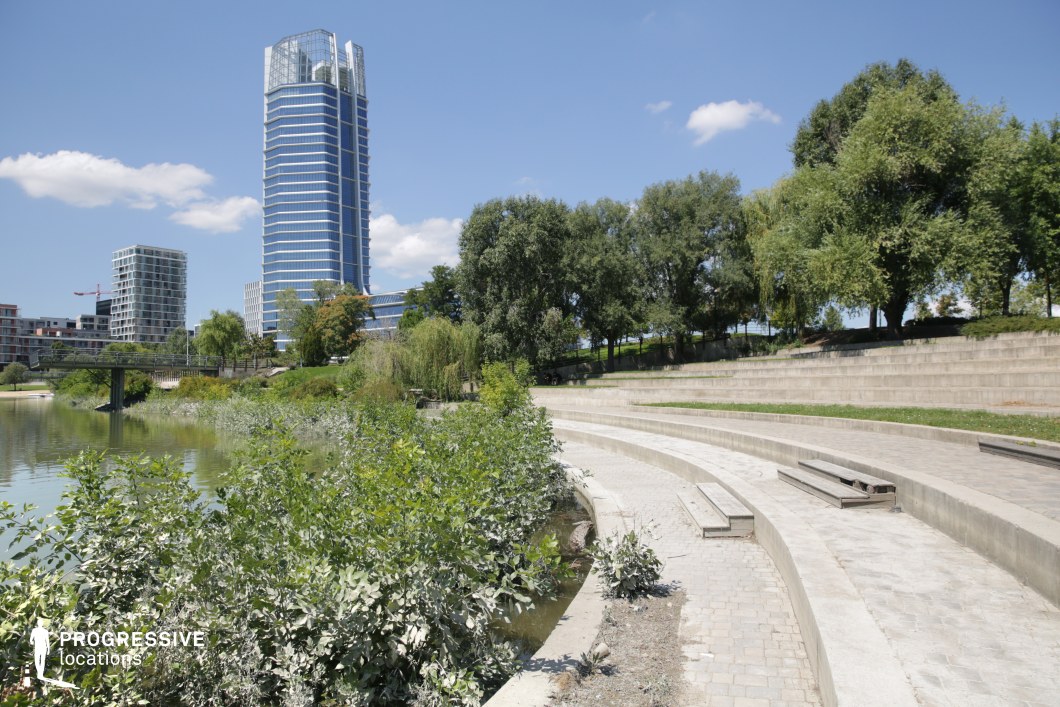 Riverside steps and embankment, film and photography location with tiered concrete seating