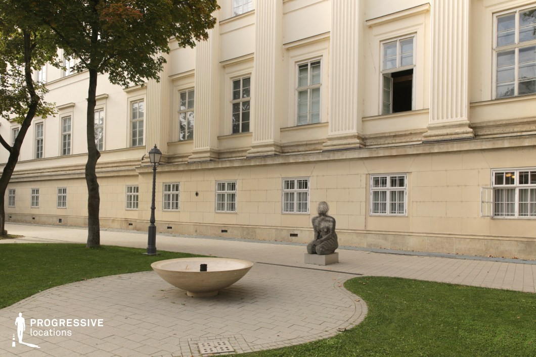 Courtyard with modern sculpture and fountain provides a unique film and photography location blending classical and contemporary elements