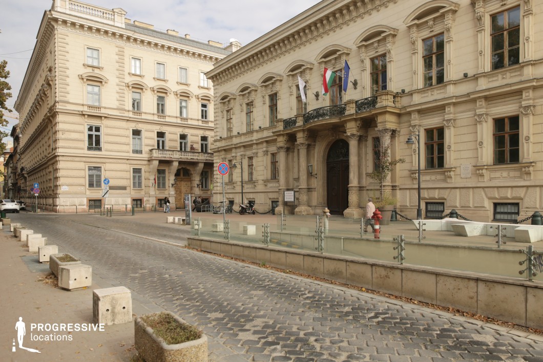 Historic palace facades along cobblestone street create an ideal location for photography and filming with strong architectural presence