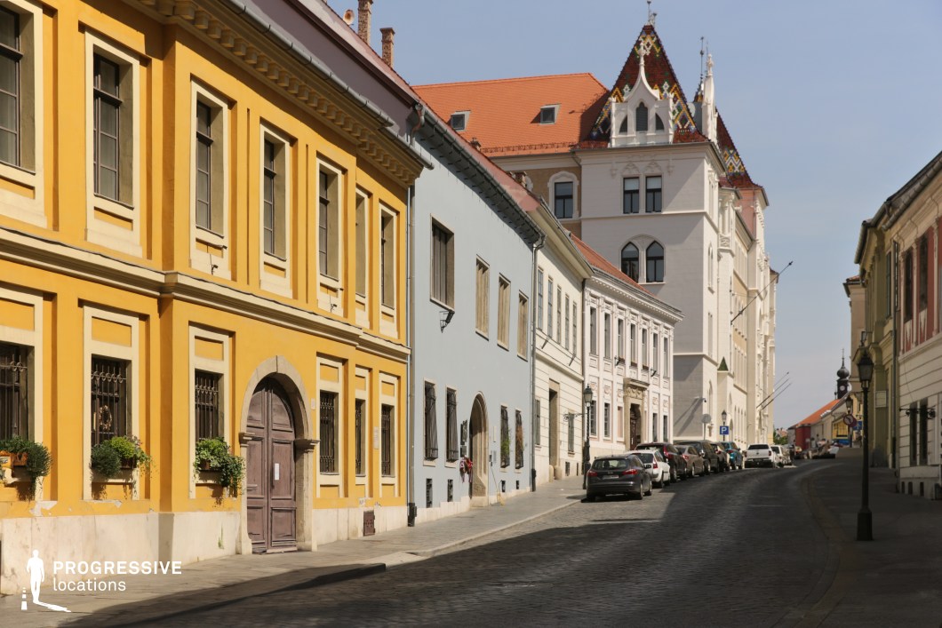 Curved historic street with classical facades, used for photo and film shoots