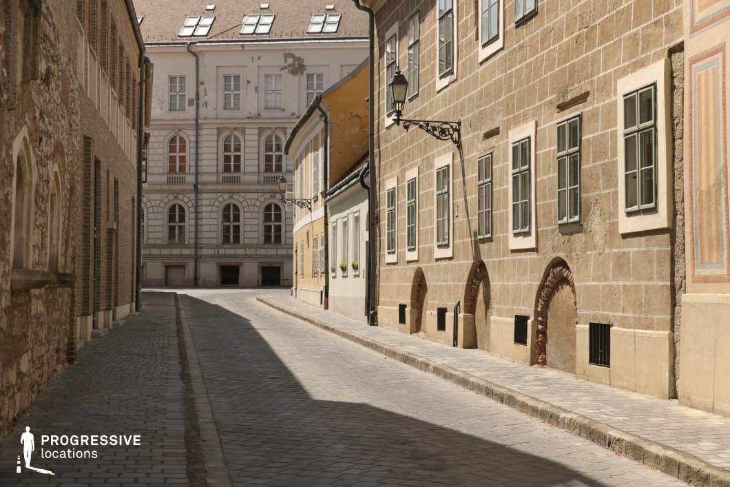 Enclosed historic alley with textured facades, suitable location for film and photography