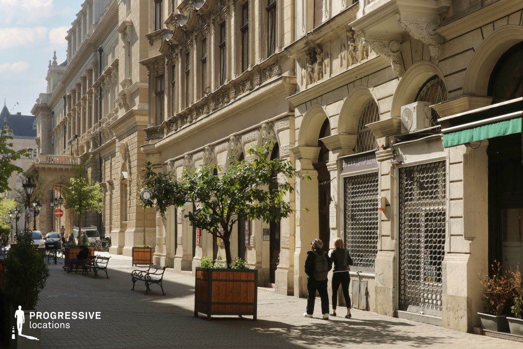Elegant pedestrian street with historic facades serves as a film and photography location in a refined urban setting.