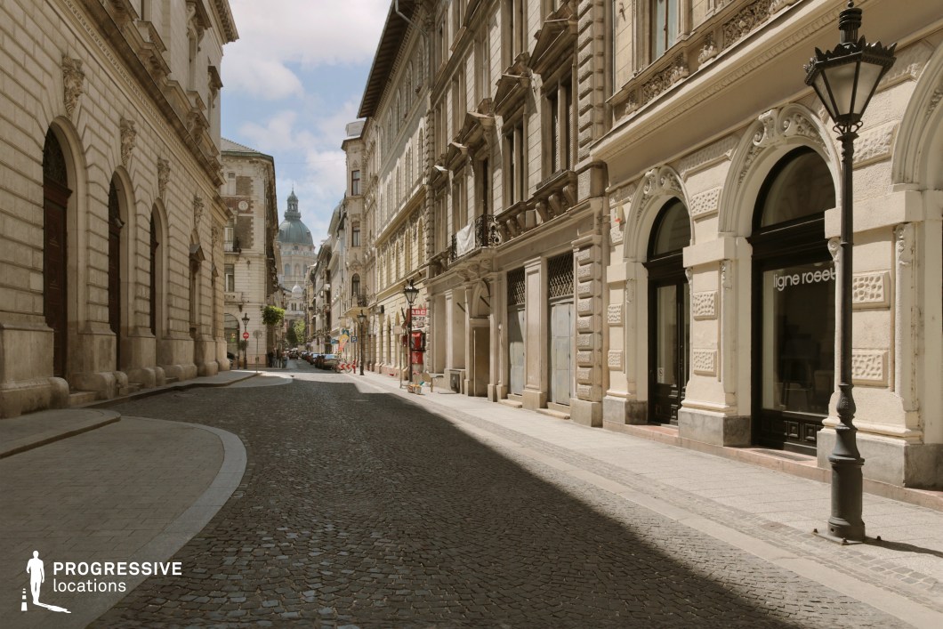 Curving cobblestone boulevard with historic facades functions as a photography and film location with deep urban perspective.