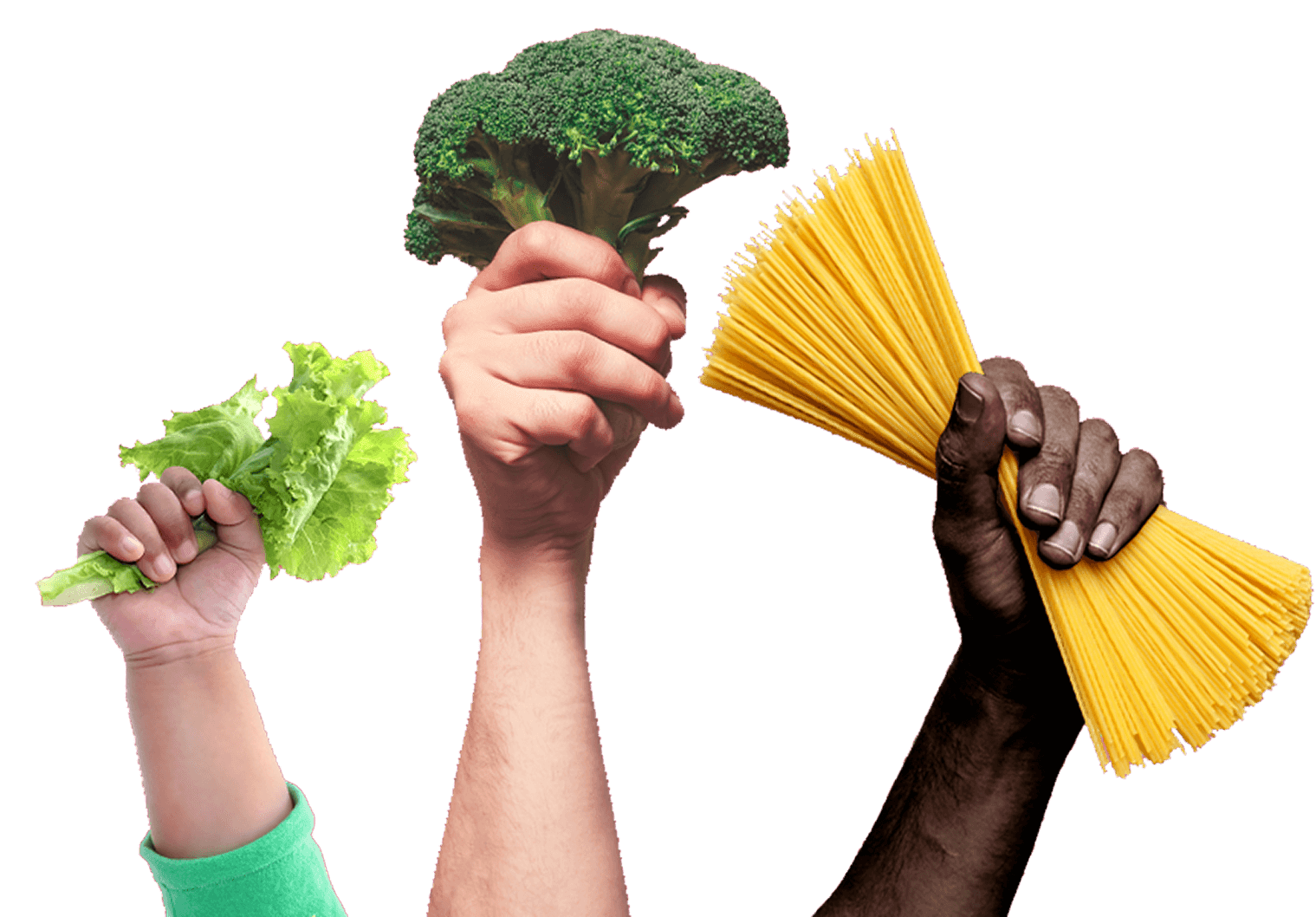 Arms holding Lettuce, Broccoli, Pasta