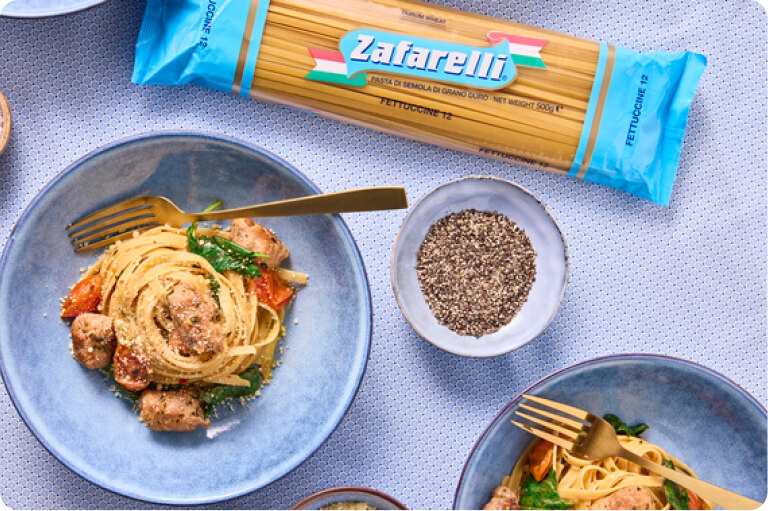 Pork Sausage, Spinach & Cherry Tomato Fettuccine