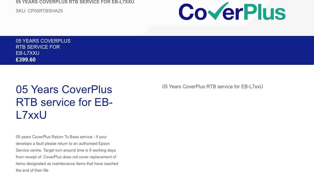 Epson Coverplus 05 Years Rtb Service For Eb-L7Xxu (Cp05Rtbsha25) 1 Epson Coverplus 05 Years Rtb Service For Eb-L7Xxu (Cp05Rtbsha25)