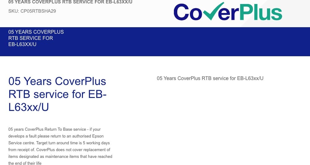 Epson CoverPlus 05 Years RTB service for EB-L63XXU (CP05RTBSHA29)