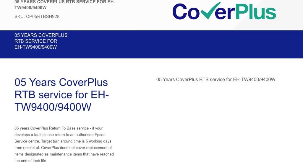 Epson CoverPlus 05 Years RTB service for EH-TW9400 or EH-TW9400W (CP05RTBSH928)